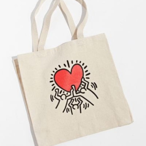 Urban Outfitters Keith Haring Holding Heart Tote Bag, Tan/Black/Red, NWT - Picture 4 of 13